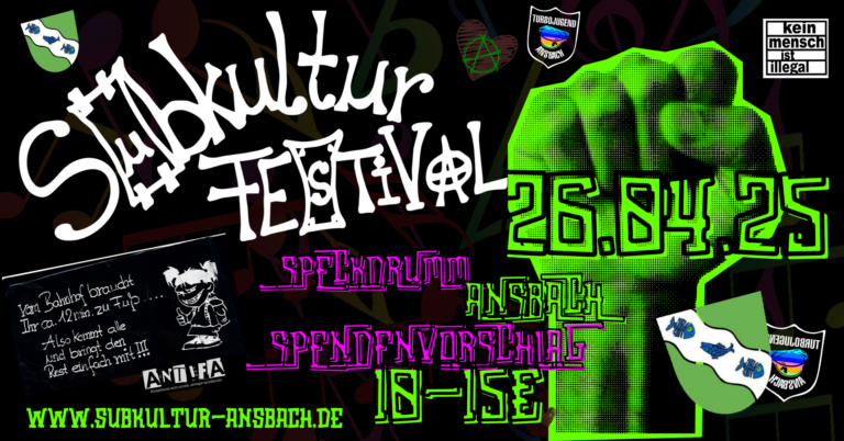 Plakat zum Subkultur Festival am 26.04.2025 im Speckdrumm Ansbach. Das Design ist bunt, kontrastreich und im DIY-Stil gehalten, mit einer auffälligen grünen Faust als zentrales Element. Der Schriftzug „Subkultur Festival“ ist im handgezeichneten Punk-Stil gestaltet. Angaben zum Veranstaltungsort, Datum und Spendenvorschlag („10–15 €“) sind in auffälliger Schrift platziert. Auf dem Plakat finden sich außerdem Symbole wie das Antifa-Logo, „Kein Mensch ist illegal“, ein Herz mit Anarchie-Zeichen, das Ansbacher Stadtwappen mit Skelett-Fischen und ein Wegbeschreibungshinweis vom Bahnhof. Die Gestaltung ist visuell laut, kreativ und bewusst unkonventionell.