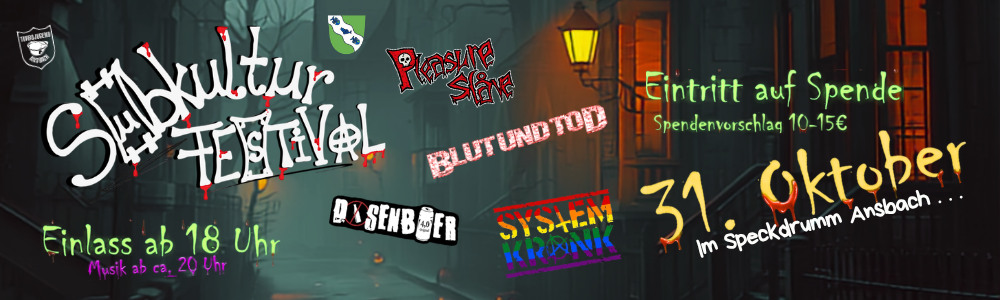 Subkultur-Festival am 31.10.26 im Speckdrumm - mit Dosenbier, Systemkrank, Blut und Tod und Pleasure Slave. Eintritt auf Spendenbasist -