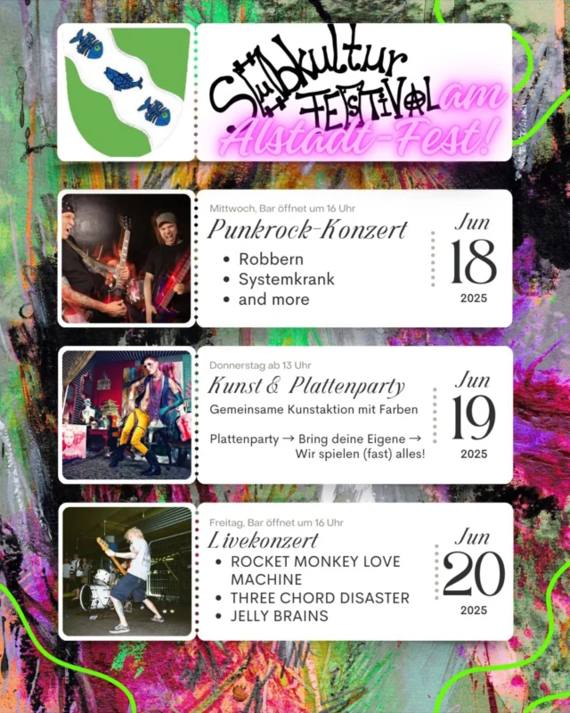 Unser Programm für euch am Altstadtfest Ansbach! 🔥
❗️ weitere Infos folgen
🗓 18.06. - 20.06.2025

Freut euch auf:
@systemkrank_official 
@rocketmonkeylovemachine 
@robbern.discoverycore
Three Chord Disaster
Jelly Brains

Am Sa 21.06. gibts auf der Stage feinsten Techno von 
@daskollektivveranstaltungen 💥
Kommt rum! 🤘

#subkulturansbach #altstadtfestansbach2025 #altstadtfestansbach #speckdrummansbach #subkulturfestival #fuckafd #kulturforumansbach #subkulturstage #punk #liveconcert