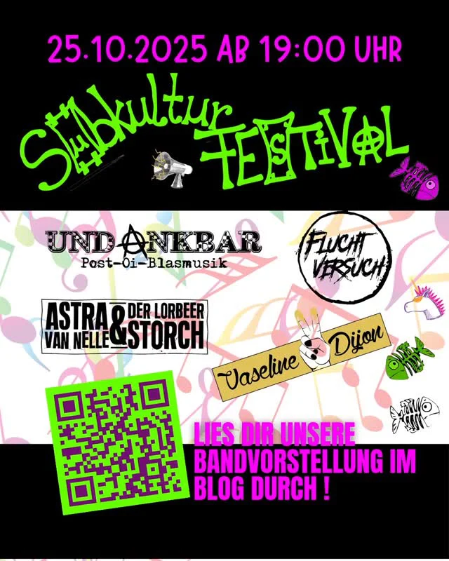 Schau dir unseren Blogbeitrag zum Subkultur Festival am 25.10.25 an! Einfach scannen oder über den Link in der Bio!

#subkulturansbach #subkulturfestival #punk #skapunk #liedermacher #festival #livemusik