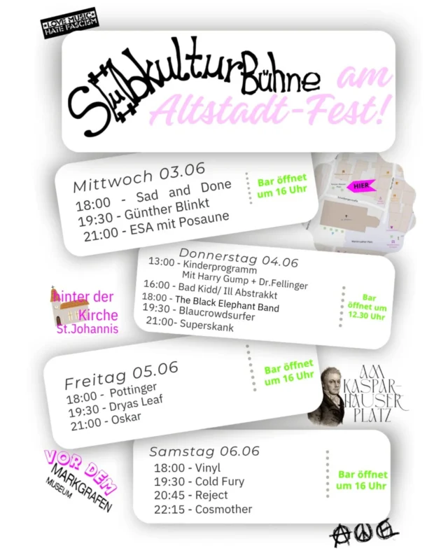 Die grandiosen @cosmother_band vervollständigen unser LineUp am Samstag an der Subkultur Bühne für euch! 🌟

📣 die Subkultur Bühne am Altstadtfest Ansbach ist zurück - diesmal an ganzen 4 Tagen! 
🗓 Mi 03.06. - Sa 06.06.2026
📍zwischen Markgrafenmuseum und Johanniskirche

Auch dieses Jahr werdet ihr von uns mit fantastischen Liveacts versorgt! Von Rock über Punk, Ska, Post-Hardcore bis hin zu Akustik, Rap uvm. ist diesmal alles am Start.🔥

Freut euch auf:
@_sad_and_done_
@guentherblinkt
@endlichschlechtemusik_esa
@harrygump + @dr.fellinger
@badkiddnbg + @illabstrakkt
@theblackelephantband
@blaucrowd_surfer 
@superskank_band
@pottingermusic
@dryasleafband
@oskar.offiziell mit ihrem Album release!
@officialvinyl.music
@coldfuryhc
@reject_nbg

Kommt vorbei und feiert mit uns! 💥